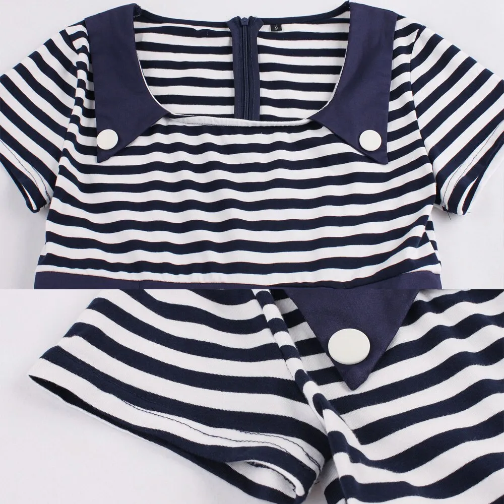 Vintage Retro Cotton Black Navy Blue Striped Patchwork Robe Pin Up Swing Women Casual Dresses