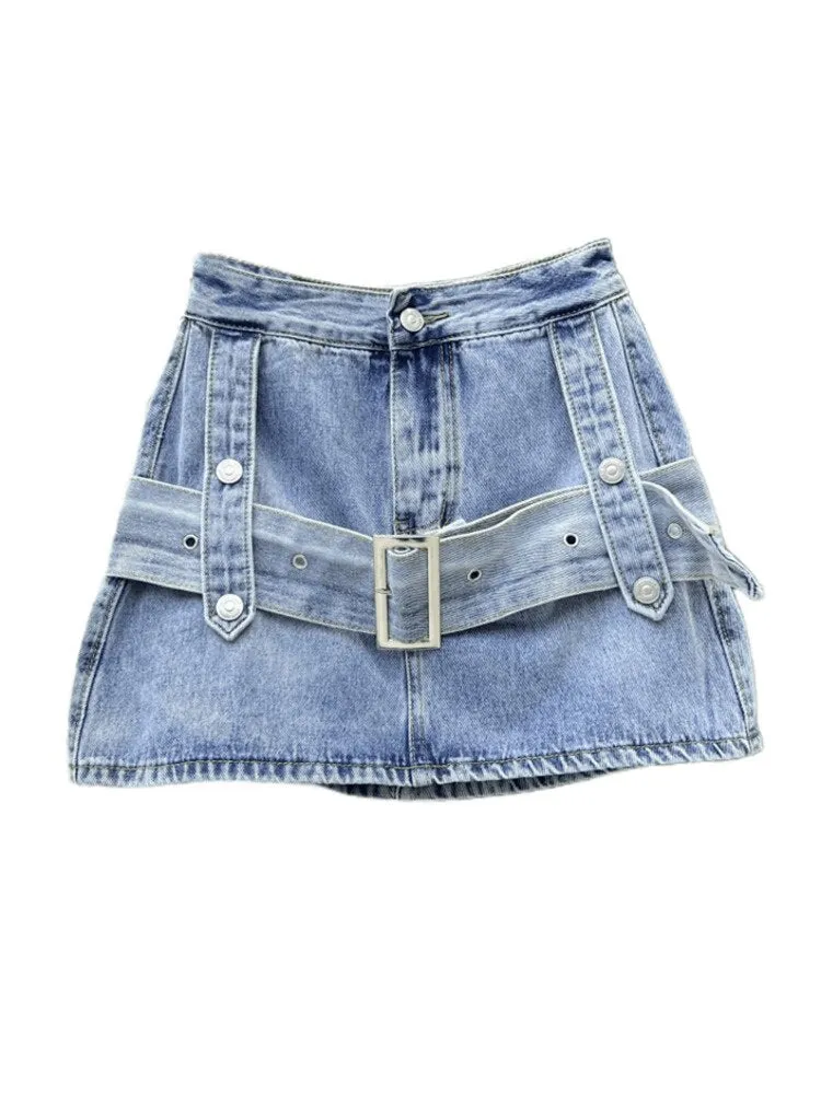 Women's Denim Skirt Spliced Belt High Waist Black A-line Wrap Hip Thin Cargo Mini Skirts 2023 Summer New Fashion 29L960