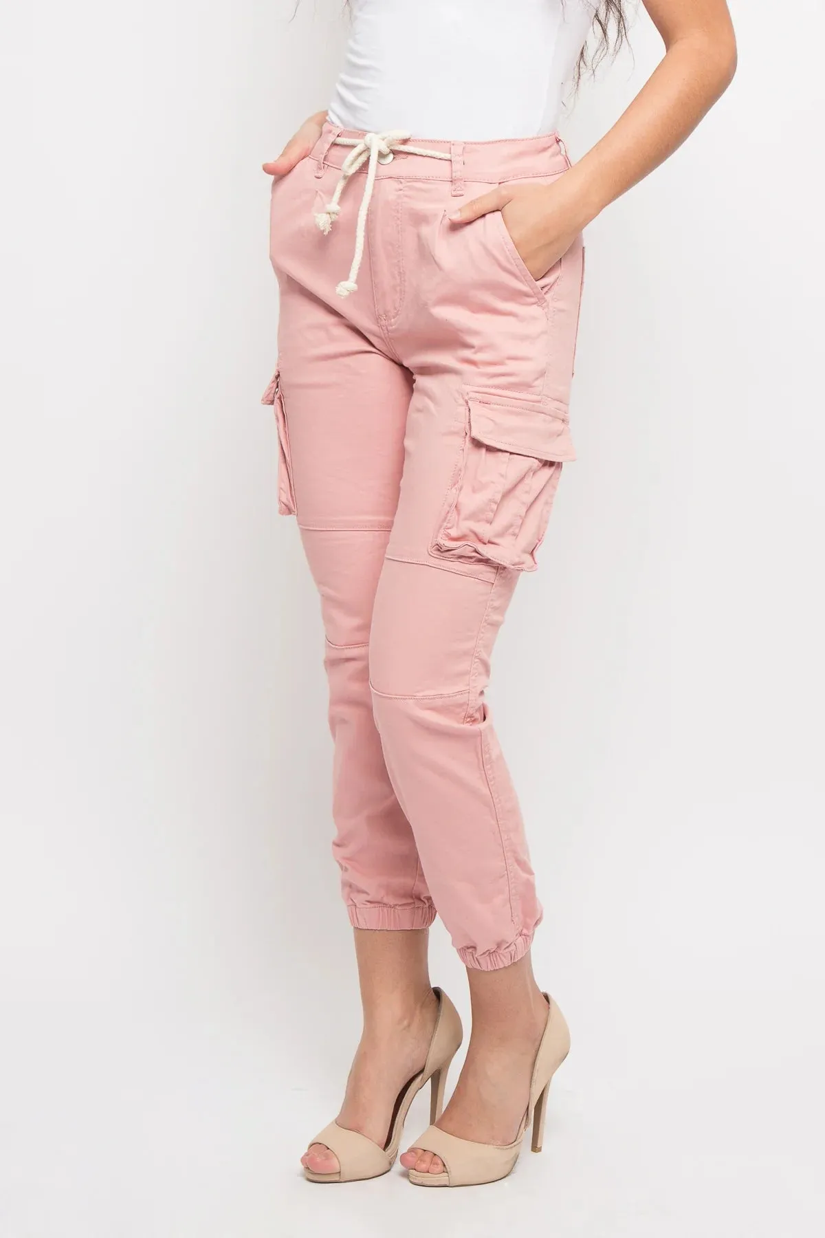 Women's Essential Basic Cropped Colored Cargo Joggers - Pink