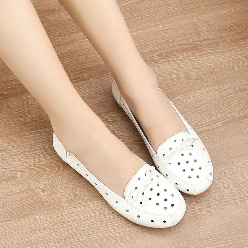 Women's Genuine Leather Butterfly-knot Round Toe Flat Slip-On Shoes