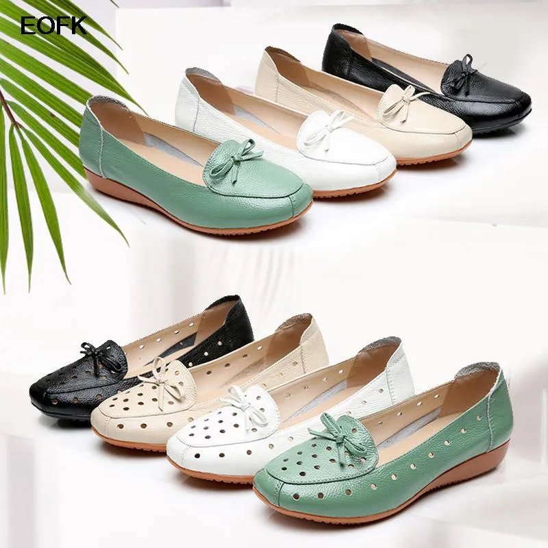 Women's Genuine Leather Butterfly-knot Round Toe Flat Slip-On Shoes