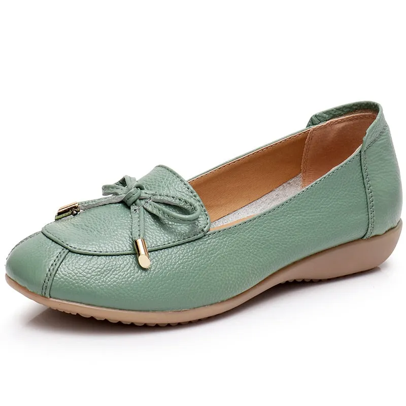 Women's Genuine Leather Butterfly-knot Round Toe Flat Slip-On Shoes