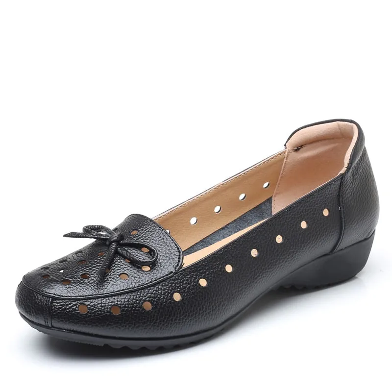 Women's Genuine Leather Butterfly-knot Round Toe Flat Slip-On Shoes