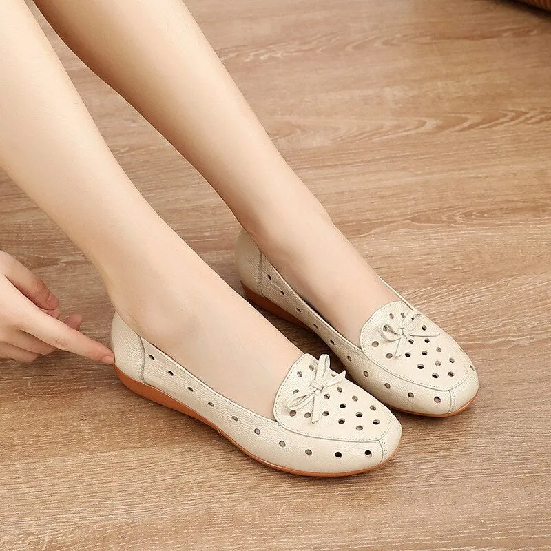 Women's Genuine Leather Butterfly-knot Round Toe Flat Slip-On Shoes