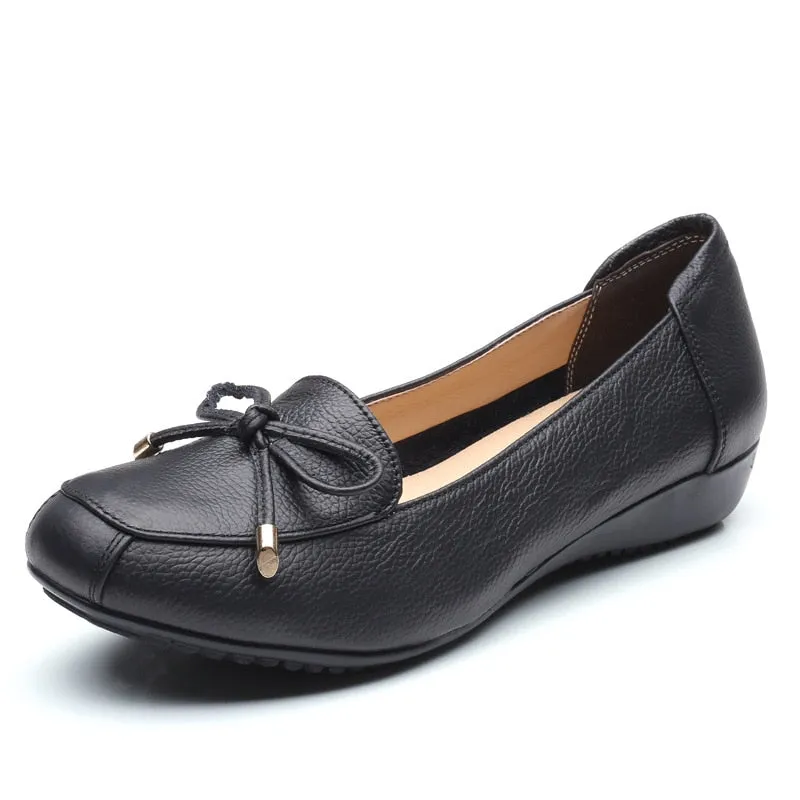 Women's Genuine Leather Butterfly-knot Round Toe Flat Slip-On Shoes