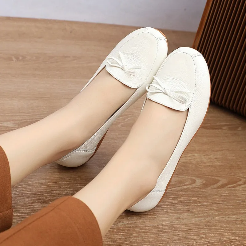 Women's Genuine Leather Butterfly-knot Round Toe Flat Slip-On Shoes