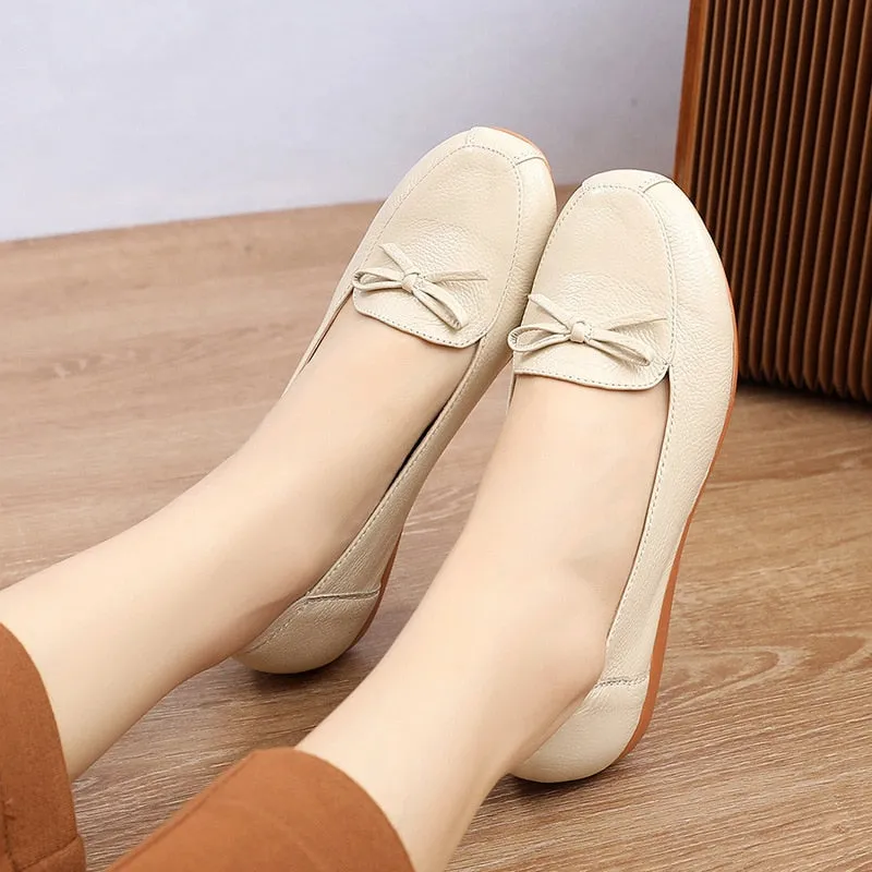 Women's Genuine Leather Butterfly-knot Round Toe Flat Slip-On Shoes